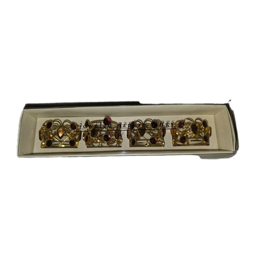 Pier 1 Imports Jeweled Napkin Rings Gold Filigree, Amber & Garnet Beads Set of 4